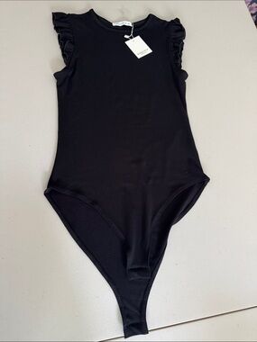 Mango Kids Black Ruffle Sleeve One-Piece Bodysuit